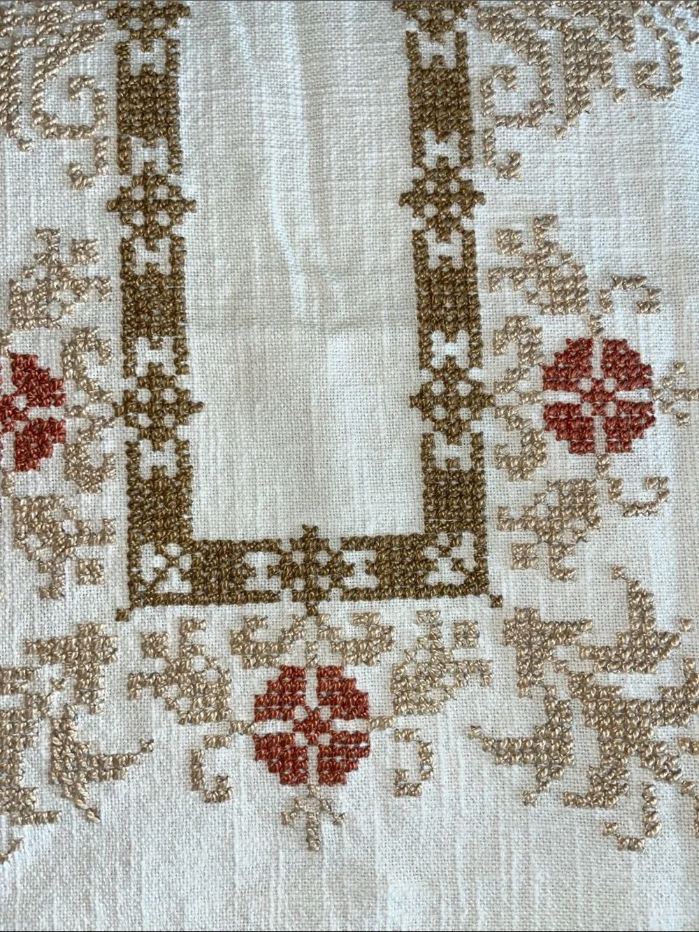 Hand-Embroidered Cream Linen Table Runner with Rust Floral Accents 17” x42”